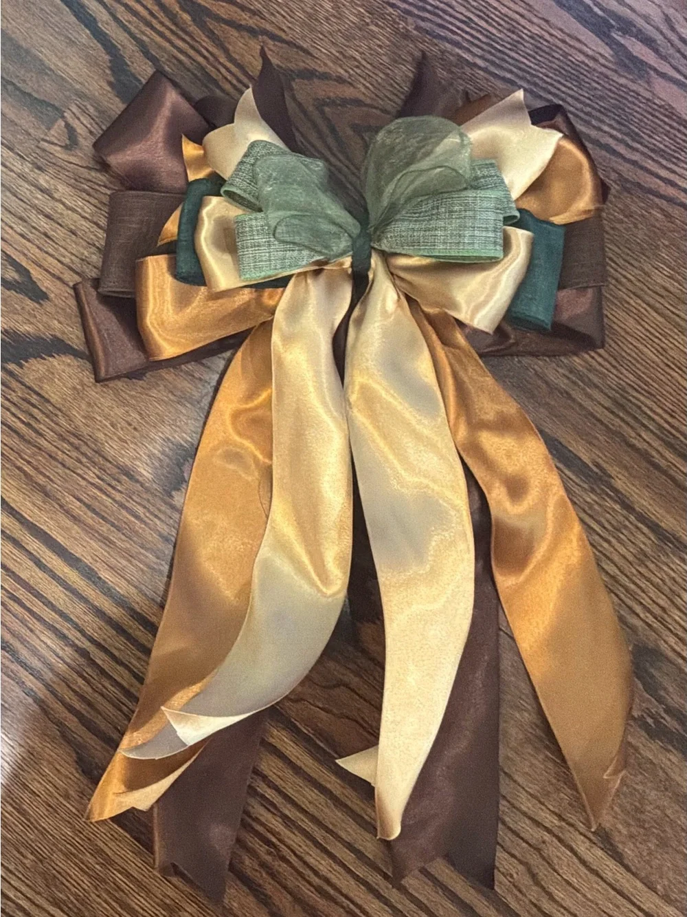 Hand-Tied Ribbon Bow in Green, Gold & Brown - Seasonal Door Accent